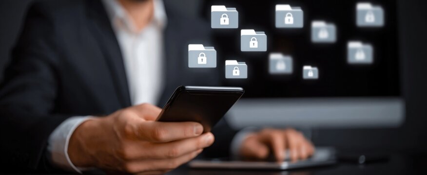 Corporate executive organizing digital files and folders on smartphone and desktop with encrypted file symbols. Concept of electronic document control, data protection, and process optimization.