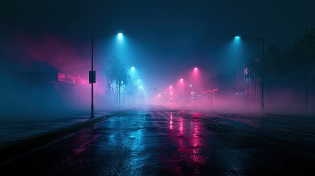 A moody night street with wet pavement reflecting neon blue and pink lights, surrounded by smoke and soft light rays, creating an atmospheric futuristic cityscape.