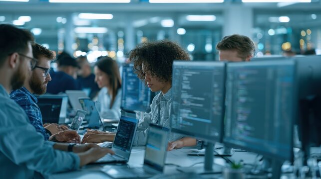 A detailed scene of programmers working together on app development in a contemporary office setting with multiple screens and digital devices.