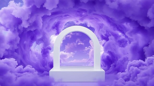 White arch sculpture on pedestal surrounded by swirling purple clouds with sky view through arch