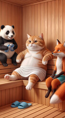 Fototapeta premium Anthropomorphic animals relaxing in wooden sauna. Ginger cat, panda, and fox enjoying spa treatment in steam room.