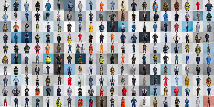 Collage featuring diverse professionals in uniforms, representing essential occupations and public services in a clean studio setting.