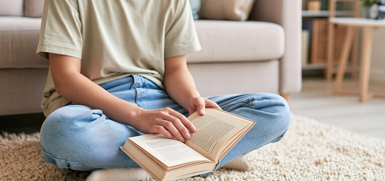 Person reading a book on a cozy rug in a bright, modern living room promoting relaxation and focus.
