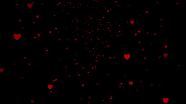 Falling red hearts love overlay video. 3d red hearts falling abstract animation, love heart 4k video,pink and red hearts gracefully falling on a alpha channel. love, romance, marriage, greeting cards.