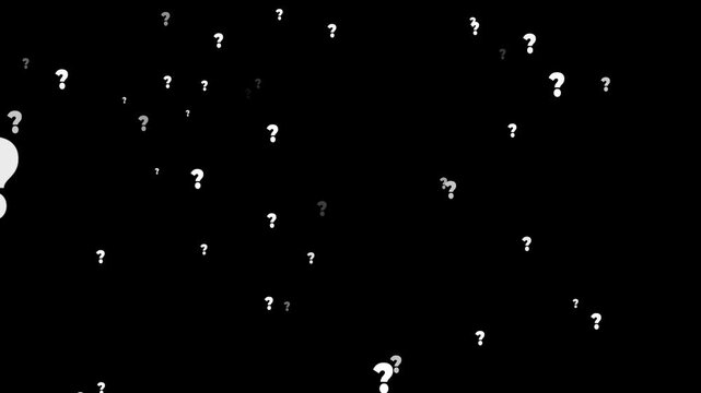 Camera moving through question marks on the alpha channel background. Question marks flying animated. Questions marks animated flying particles black background alpha.4k video animated
