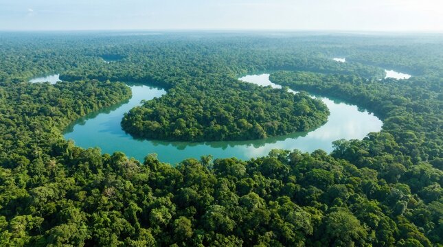 Green forest of the Amazon rainforest in Brazil, South America, seen from an aerial view.