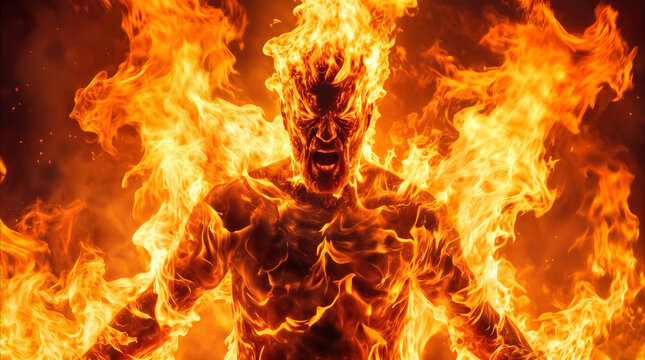 Aggressive male figure consumed by intense fire. Screaming man made of flames representing anger, burnout, or hellish torment.