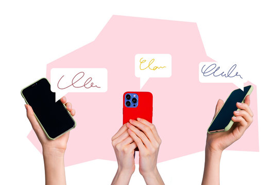 Composite photo collage of hand hold mobile iphone device type message notification text box social media isolated on painted background