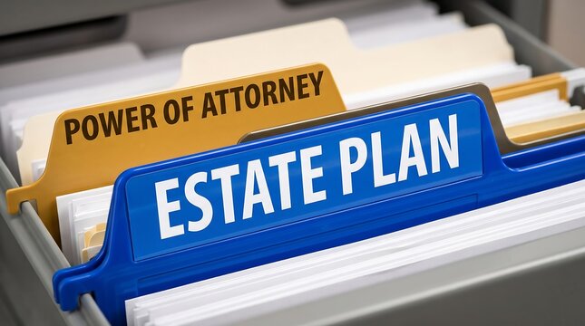 Legal file folders labeled estate plan and power of attorney in filing cabinet for financial planning and law with attorney business document planning administration succession paperwork