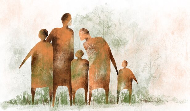 Abstract textured illustration of a family standing together, symbolizing unity, community, care and human connection 