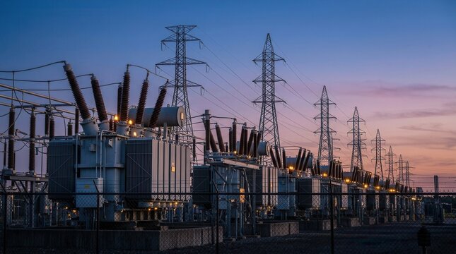 Power substation with aligned industrial electrical transformers under soft evening lights.