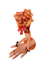 Obraz premium Vertical photo collage of headless girl sexy shiny dress grape berry harvest grapevine vitamin nutrition isolated on painted background