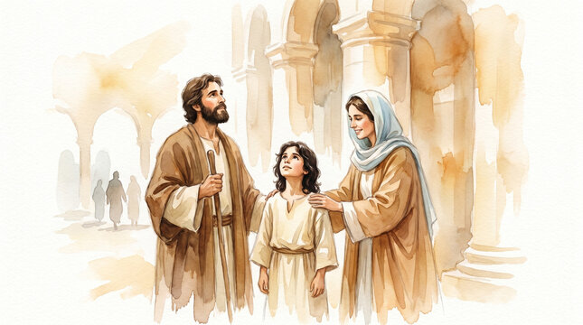 Holy Family in Temple Courtyard, Warm Mood, Jesus Admiring Architecture, Soft Background, watercolor illustration