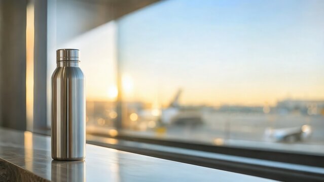 As the sun begins to rise, travelers get ready for their departures, placing their water bottles on a window ledge at the airport