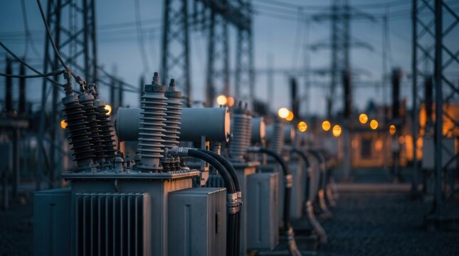 Aligned industrial electrical transformers within a power substation during the soft evening hours.