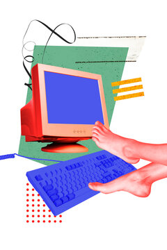 Vertical photo collage of barefoot legs lay pc monitor recreation freelancer leisure occupation job keypad isolated on painted background
