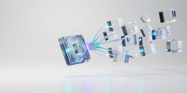 Interconnected hexagonal chips with cyan data streams &ndash; Ideal for parallel processing technology, artificial intelligence networks, or computing.