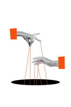 Vertical photo collage of hands hold rope solve knot marionette control puppet business colleagues isolated on painted background