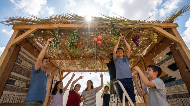 Family decorating sukkah with joy under sunlight in outdoor setting