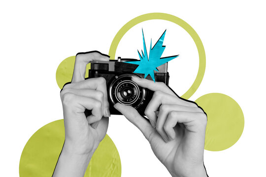 Creative collage picture hands body fragments hold camera shooting objective lens photographer paparazzi drawing background