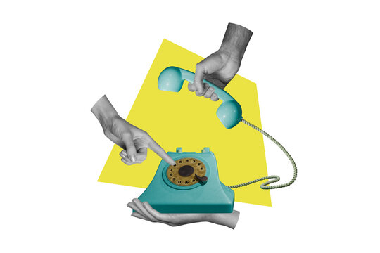 Composite photo collage of people call retro telephone wired handset telemarketing client support center isolated on painted background
