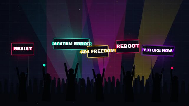 Abstract Digital Revolution Animation with Silhouetted People Holding Glitch Protest Signs for Freedom
