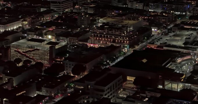 Santa Monica California Aerial v30 telephoto birds-eye tracking flyover along PCH, revealing downtown buildings, illuminated streets and night traffic - Shot with Mavic 3 Pro Cine - May 25th 2024