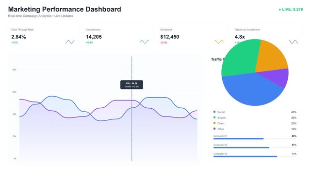 Sleek abstract motion render style data visualization interface showing business growth metrics and clean financial analytics graphics