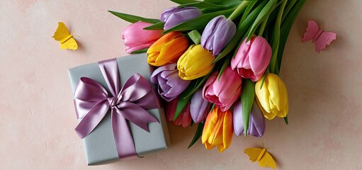 Obraz premium A vertical design featuring colorful tulips, an elegantly wrapped gift, silk bow, and paper butterflies on a soft pastel background.