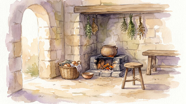 Cozy family kitchen with cooking hearth and warm sunlight in a rustic setting. Watercolor illustration
