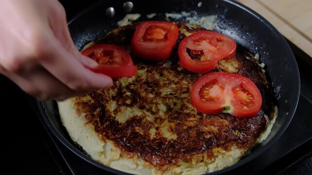Adult hand holds a red tomato slice over a golden-brown pancake or omelet with tomato slices in a black frying pan on a kitchen counter with wooden cutting board, daytime, Cooking.
