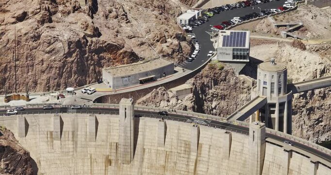 Hoover Dam Nevada Aerial v9 7x telephoto birds-eye flyover above the dam, intake towers, Lake Mead and Black Canyon - Shot with Mavic 3 Pro Cine - Apr 16th 2024