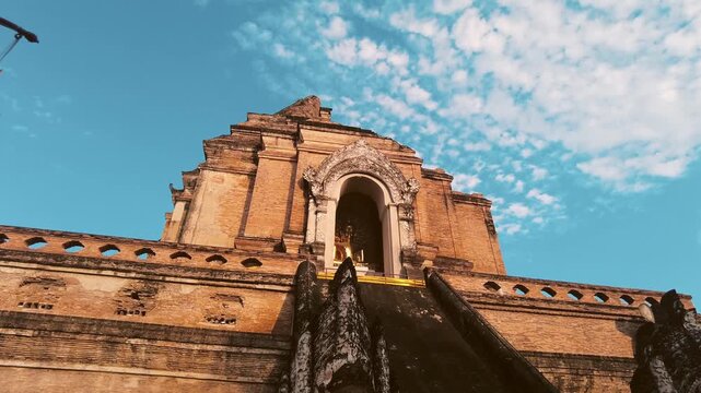 top of the Wat Chedi Luang ruins monument in the old city center of Chiang Mai.