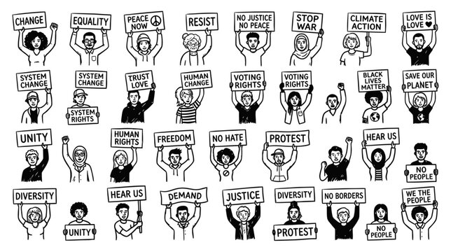 Diverse Crowd Holding Protest Signs with Social Messages