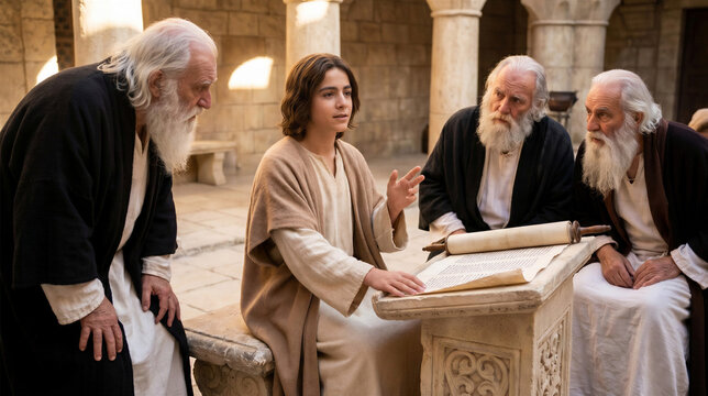 Twelve-year-old Jesus teaching elders with an open scroll in a temple setting. Biblical scene