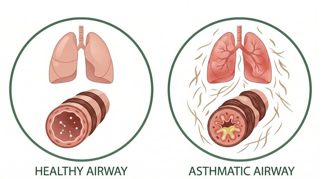 Asthmatic airway vs healthy airway medical illustration. Human lungs anatomy diagram. Bronchial tube inflammation and respiratory health comparison.
