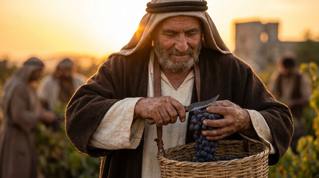 Workers in vineyard at sunset picking grapes in biblical attire