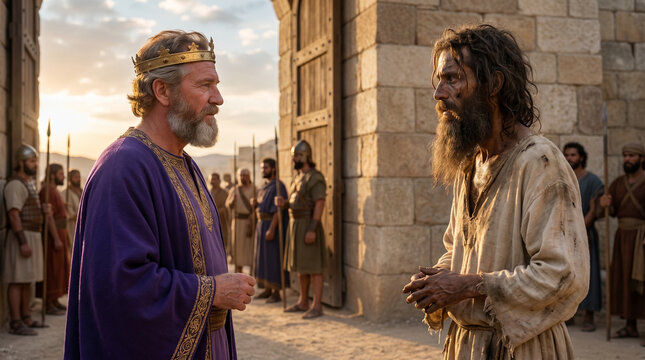 King David returns to Jerusalem after quelling Absalom's rebellion. At the city gates, he is met by Mephibosheth, the son of Jonathan.
