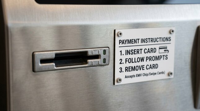 Close-up of a self-service kiosk credit card reader slot beside a printed payment instruction sign