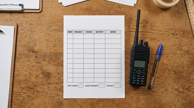 Overhead flat lay of a tablet a stylus and a printed dock status summary on a warehouse desk