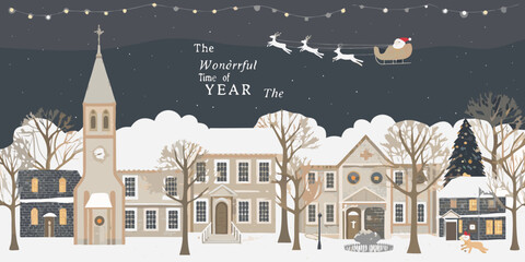 Winter village illustration with snow covered houses and reindeer sleigh © pallab