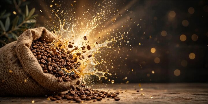 International Coffee Day Exploding Burlap Coffee Bean Sack with Golden Light