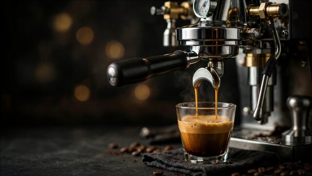 International Coffee Day Espresso Shot Pouring from Chrome Coffee Machine