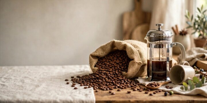 International Coffee Day French Press Burlap Coffee Beans and Scoop Still Life