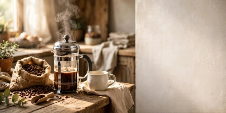 International Coffee Day French Press Coffee and Burlap Beans on Linen Table