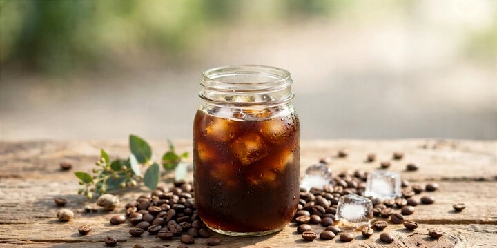 International Coffee Day Iced Coffee Mason Jar with Beans on Rustic Outdoor Table