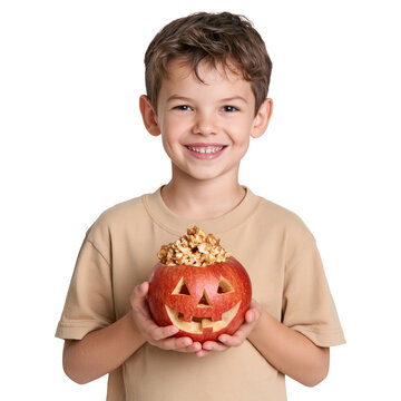 Smiling Little Boy Holding a Carved Apple Jack-o'-Lantern Filled with Caramel Popcorn isolated on transparent or white background, png