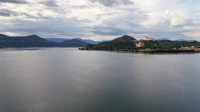 Lago Maggiore in Italy with the Rocca Borromeo di Angera Castle on the Shore - Aerial View