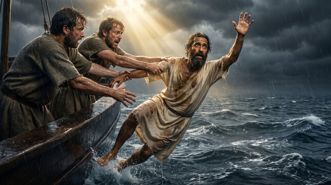 Biblical scene: Prophet Jonah thrown into the sea during a storm by sailors
