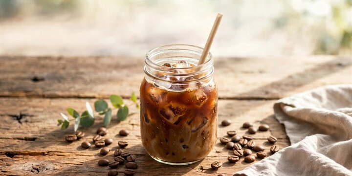 International Coffee Day Iced Latte Jar with Straw on Wooden Cafe Table